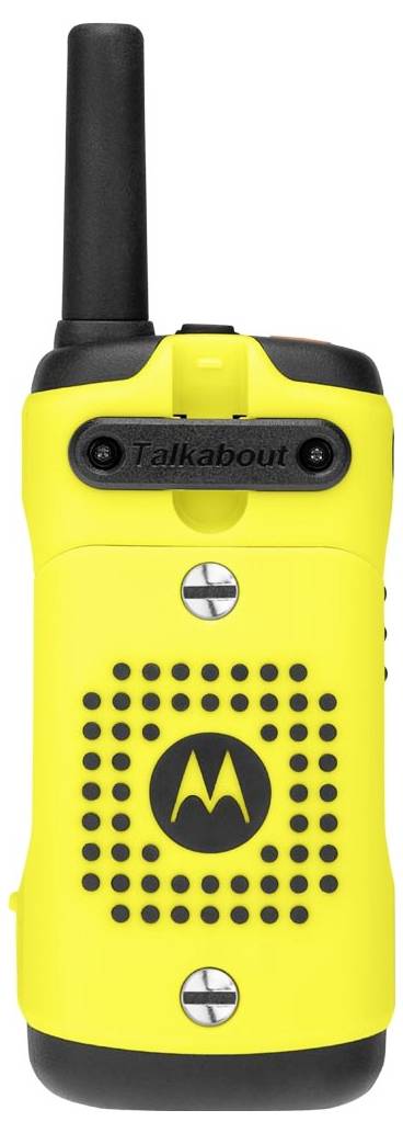 Talkie-walkie Motorola Talkabout jaune avec antenne noire, grille de haut-parleur et commandes sur un fond blanc uni.