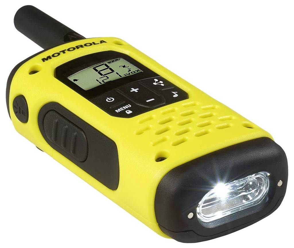 Radio bidirectionnel portatif Motorola jaune avec antenne et lampe de poche éclairée sur le devant