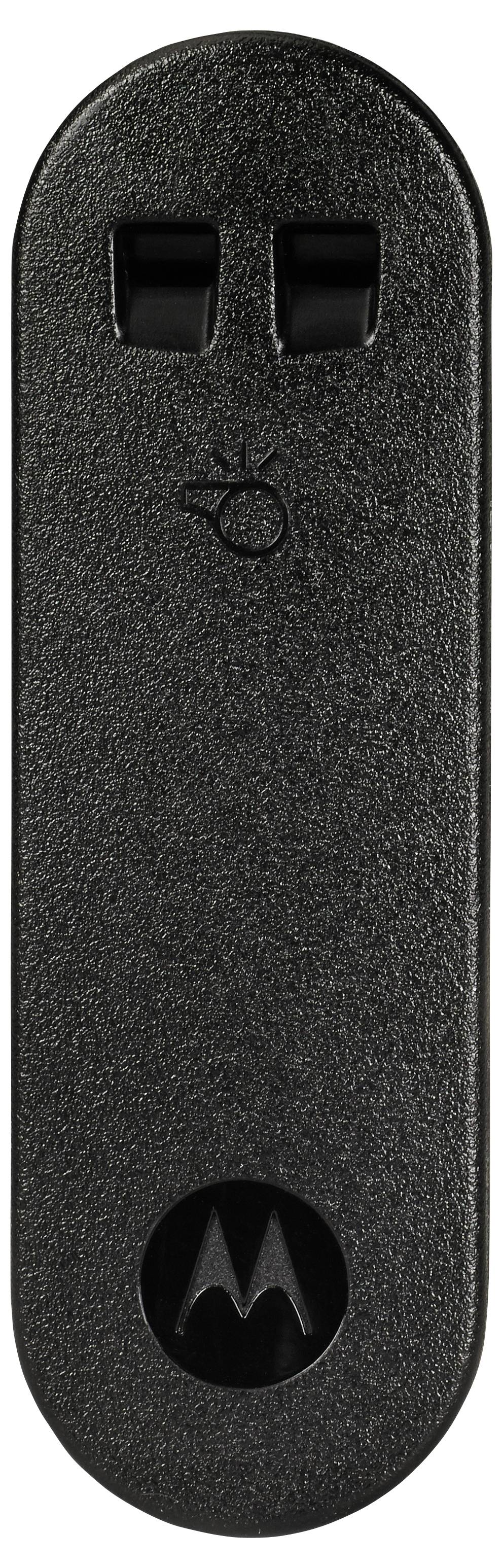 Télécommande Motorola noire avec deux boutons en haut, une icône de fonction centrale, et un logo Motorola près du bas.