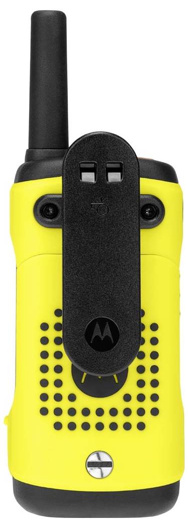 Radio bidirectionnel portatif Motorola jaune avec antenne noire, pince avant, grille de haut-parleur et bouton de contrôle sur fond blanc.