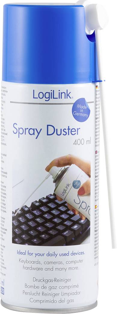 Bombe aérosol 'LogiLink Spray Duster 400 ml', idéale pour des utilisations quotidiennes, convenant au nettoyage des claviers, des caméras et du matériel informatique.