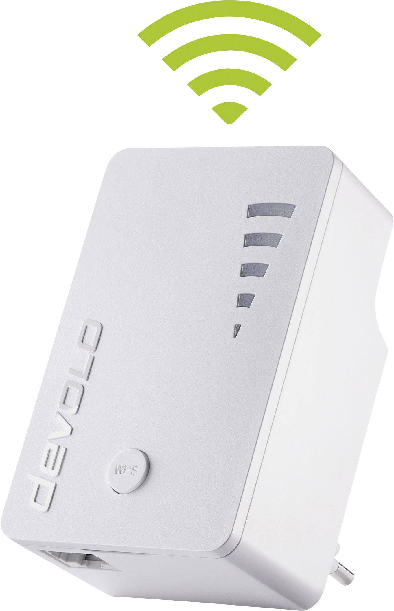 Un répéteur Wi-Fi blanc avec des LED pour indiquer la force du signal et un symbole Wi-Fi vert au-dessus, signale l'amplification du signal Internet.