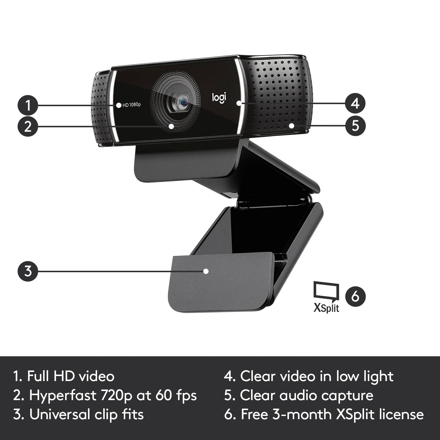 Webcam Full HD 1920 x 1080 Pixel Logitech C922 Pro Stream pied de support, support à pince