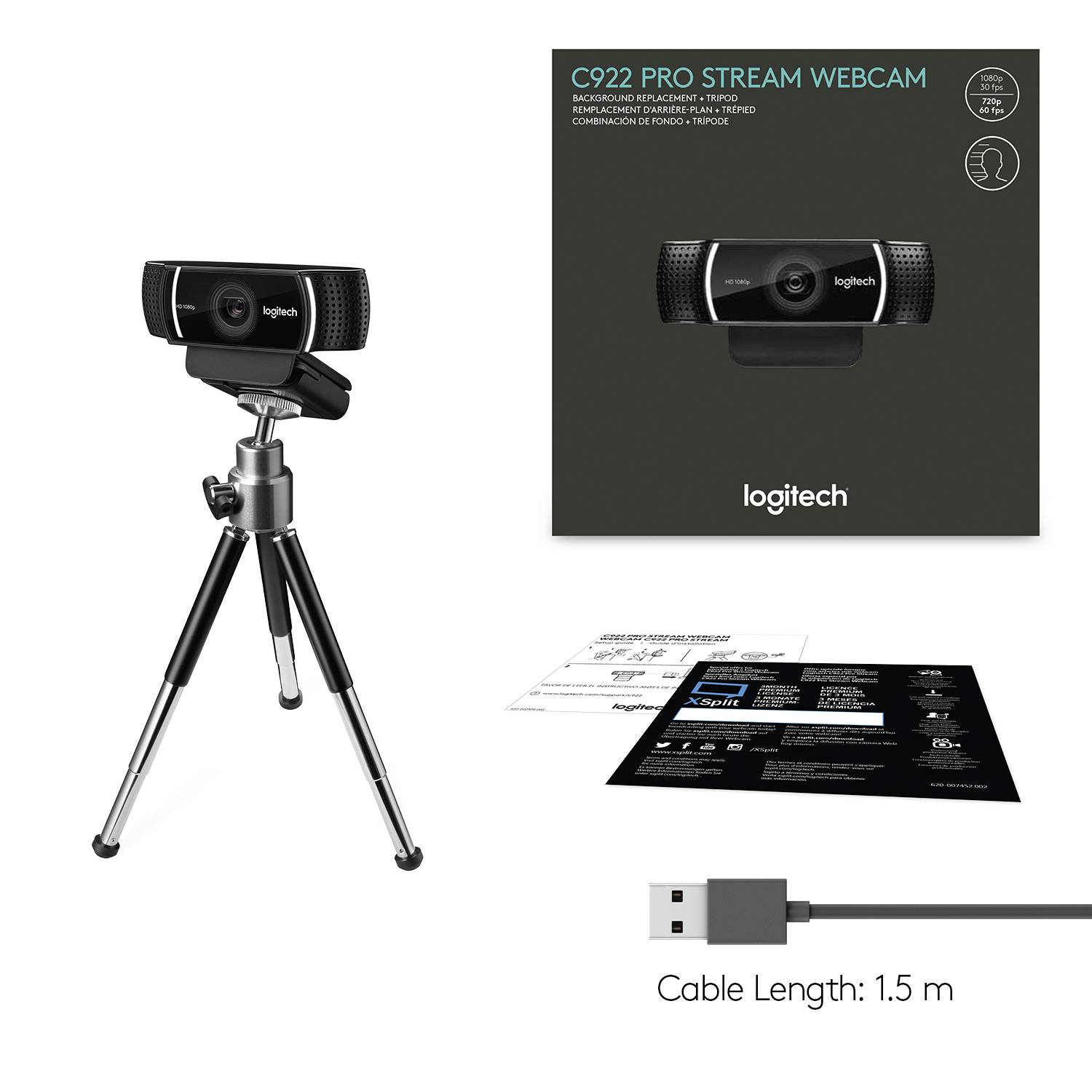 Webcam Full HD 1920 x 1080 Pixel Logitech C922 Pro Stream pied de support, support à pince
