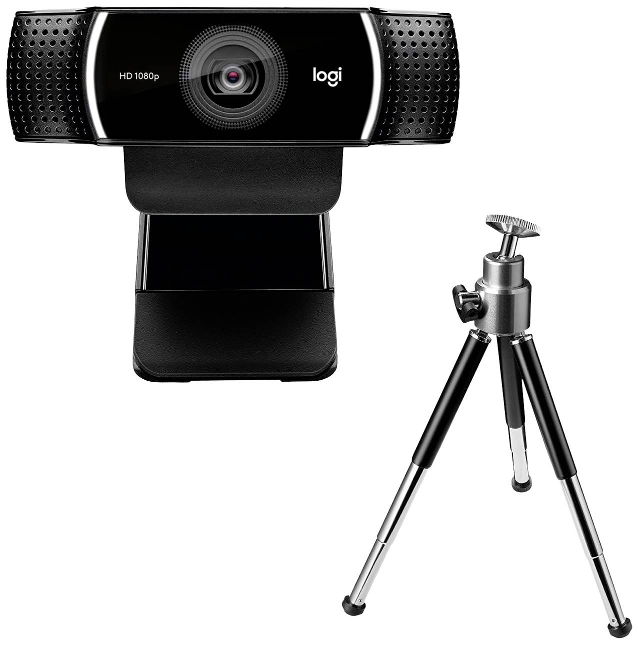 Webcam noire avec résolution HD 1080p et trépied. Idéale pour les appels vidéo et le streaming.