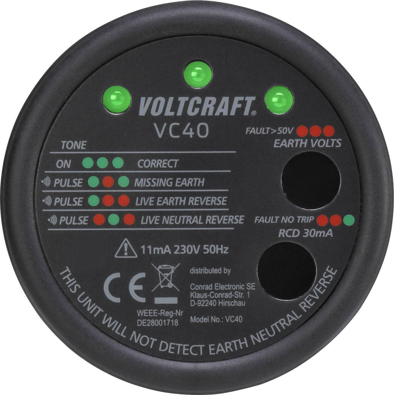 Appareil de test Voltcraft VC40 indique le câblage correct ou les erreurs telles que le conducteur de protection manquant ou les phases inversées à l'aide de voyants LED.