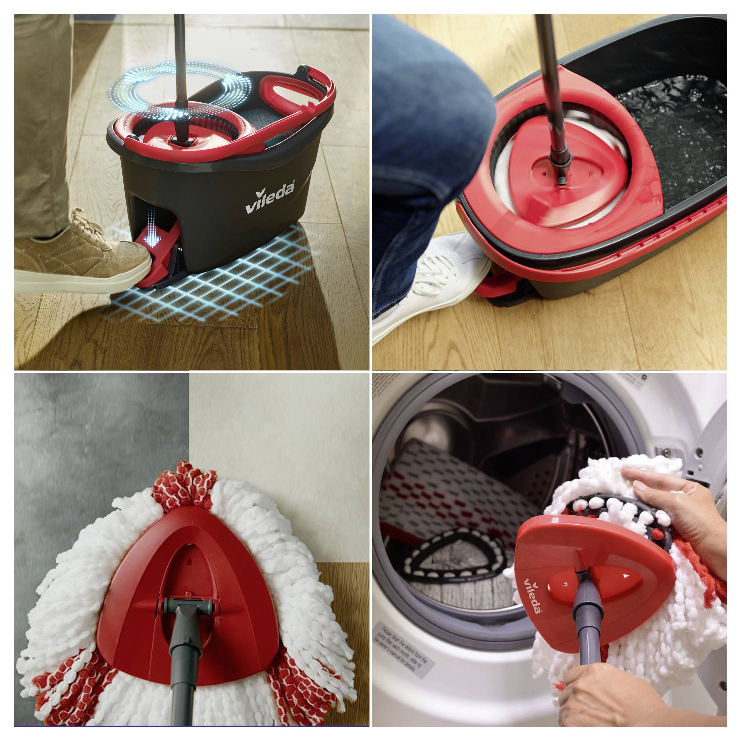 Collage montrant un balai-éponge à essoreuse Vileda rouge et un seau actionné par le pied, utilisés sur un sol, et la tête du balai étant lavée dans une machine.
