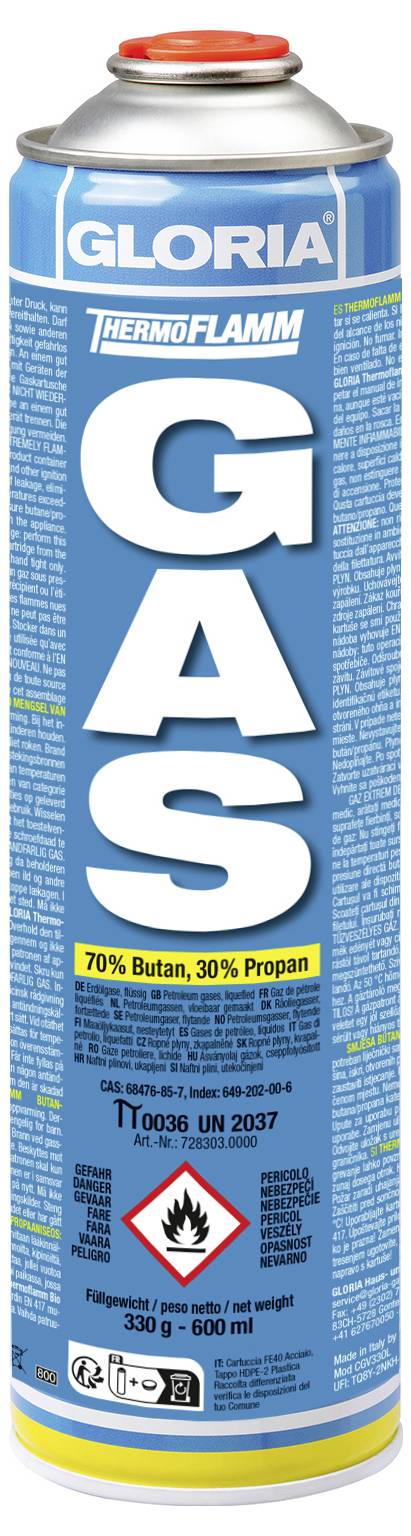 Étiquette de bidon Thermoflamm GAS bleu GLORIA, affichant un grand avertissement GAZ pour un spray carburant butane/propane inflammable.
