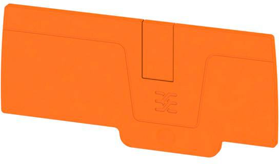 Un élément en plastique orange au design symétrique, portant un symbole en son centre, vraisemblablement un raccord.