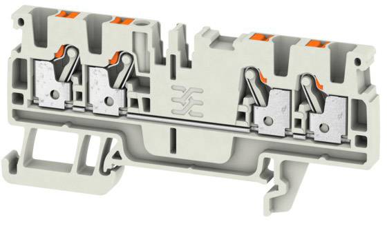 Barrette de connexion électrique grise avec bornes métalliques et leviers oranges pour raccordement de fils.