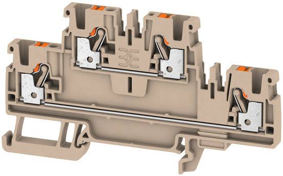 Une barrette de connexion beige en plastique avec des contacts métalliques et des leviers, utilisée pour connecter des lignes électriques dans des tableaux de distribution.
