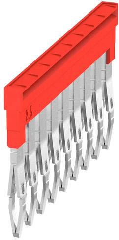 Un connecteur rouge à 10 broches avec des contacts métalliques plats. Le connecteur est représenté dans une position verticale et suspendue.