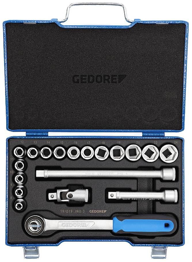 Boîte à outils comprenant différentes clés à douille, rallonges et cliquet, organisées dans un coffret en plastique bleu.