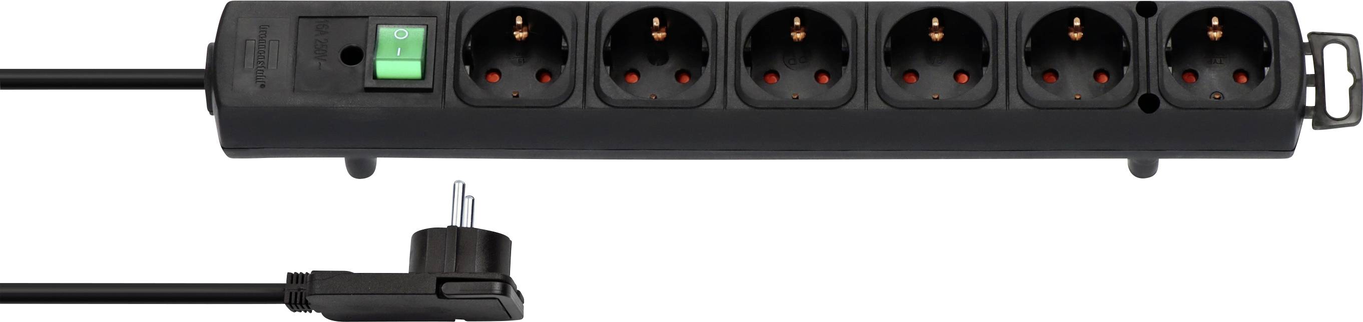 Multiprise noire avec six prises européennes, interrupteur principal et câble attaché sur fond blanc.