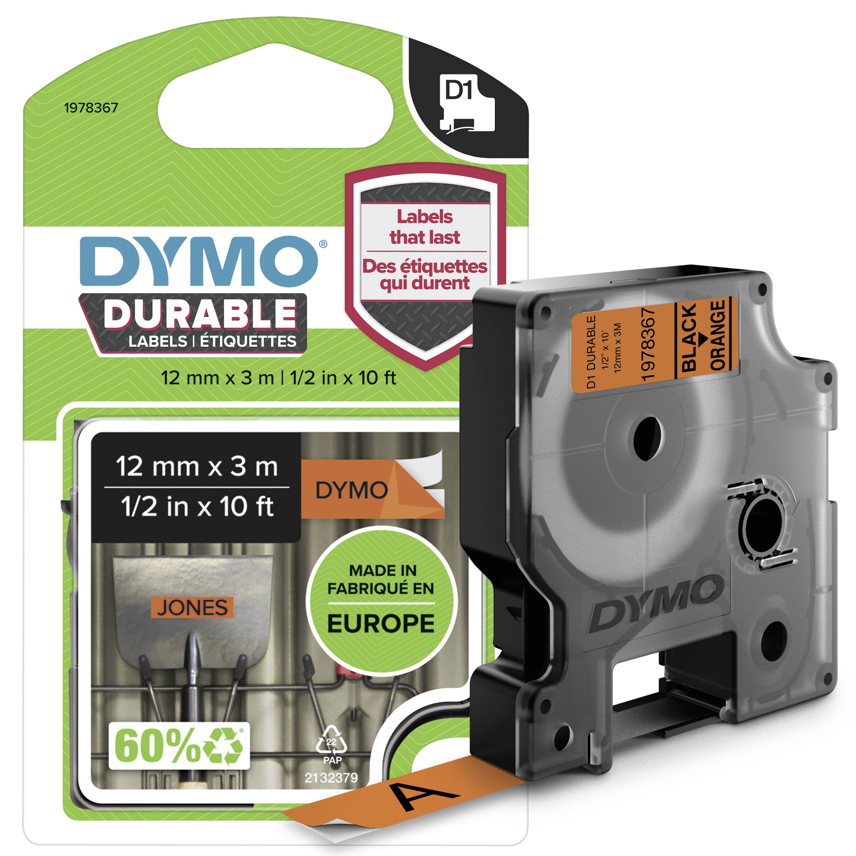 Emballage d'une bande d'étiquettes DYMO-Durable, 12 mm x 3 m. Contient un texte noir sur bande orange. Fabriqué en Europe.