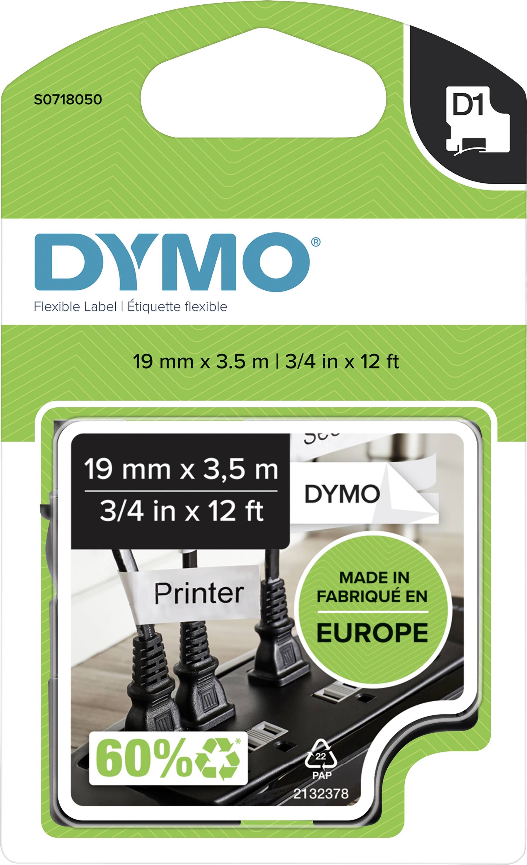 Emballage de produit pour ruban d'étiquettes DYMO D1, 19 mm x 3,5 m ; caractéristiques mises en avant : 'Fabriqué en Europe', 60% recyclé.