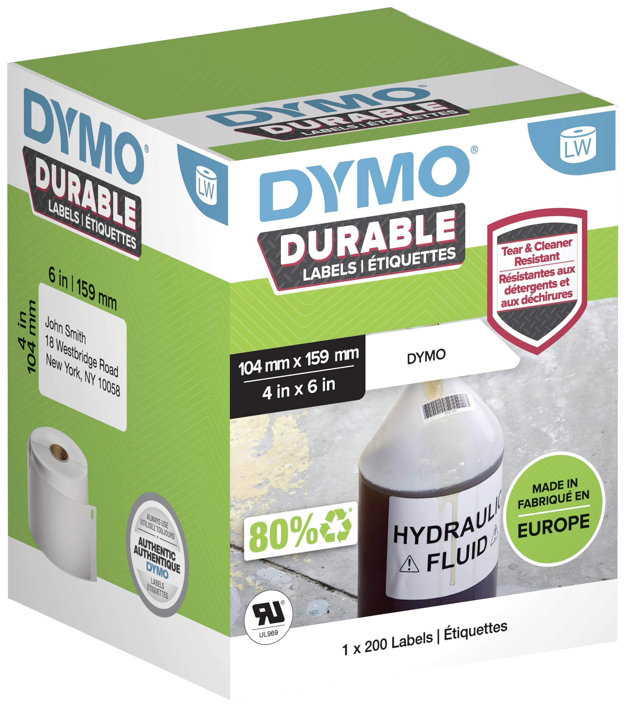 Emballage d'un rouleau d'étiquettes DYMO Durable. Les étiquettes mesurent 104 mm x 159 mm. Points forts : résistant, 80 % recyclable, fabriqué en Europe.