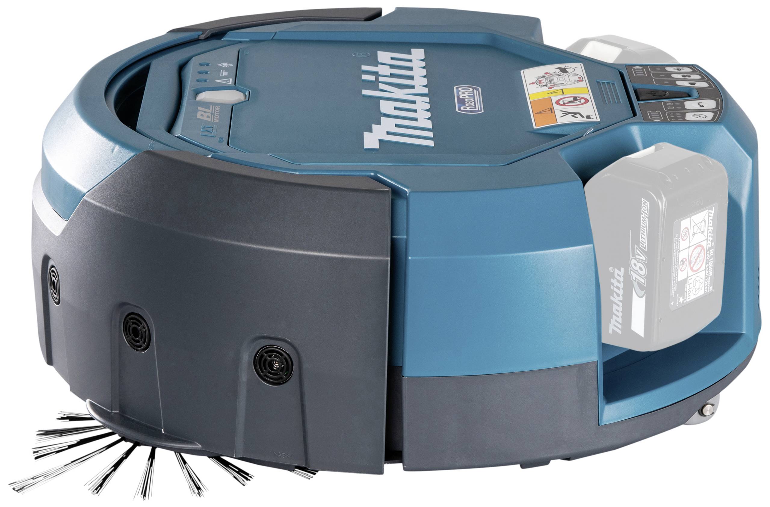 Un robot aspirateur automatique bleu avec une brosse latérale et plusieurs capteurs. Il affiche le logo de la marque sur sa surface supérieure.