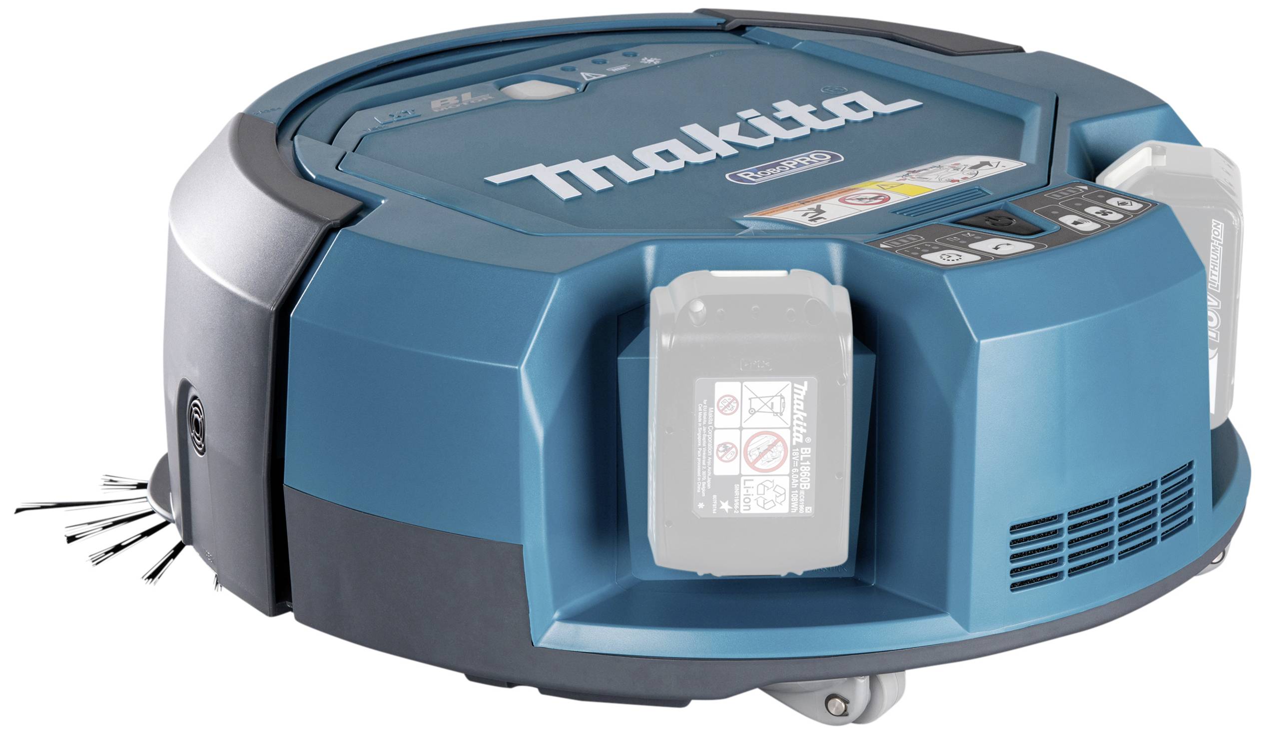Un robot aspirateur bleu, rond, avec des brosses sur les côtés. Nom de la marque visible en haut. Adapté pour le nettoyage des sols.