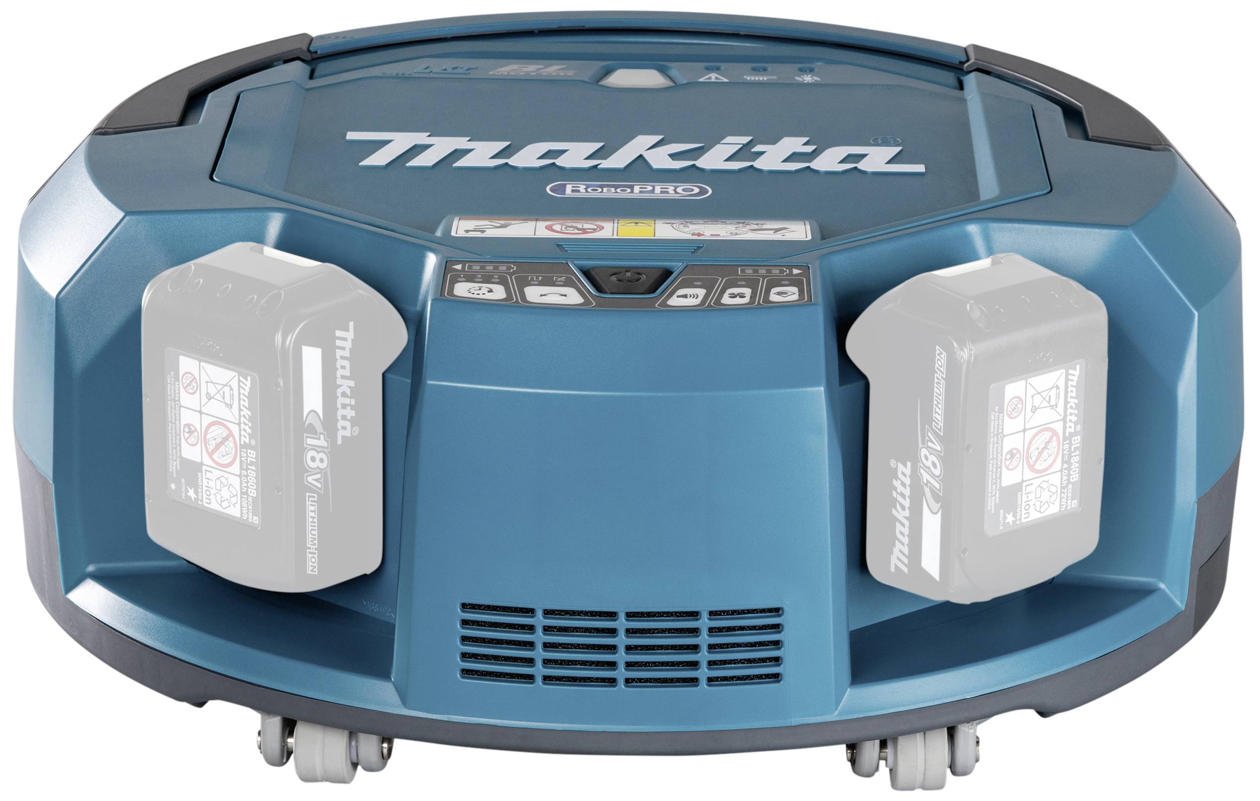 Un aspirateur robot automatique bleu de la marque Makita avec deux batteries visibles, étiquetées '18V'.