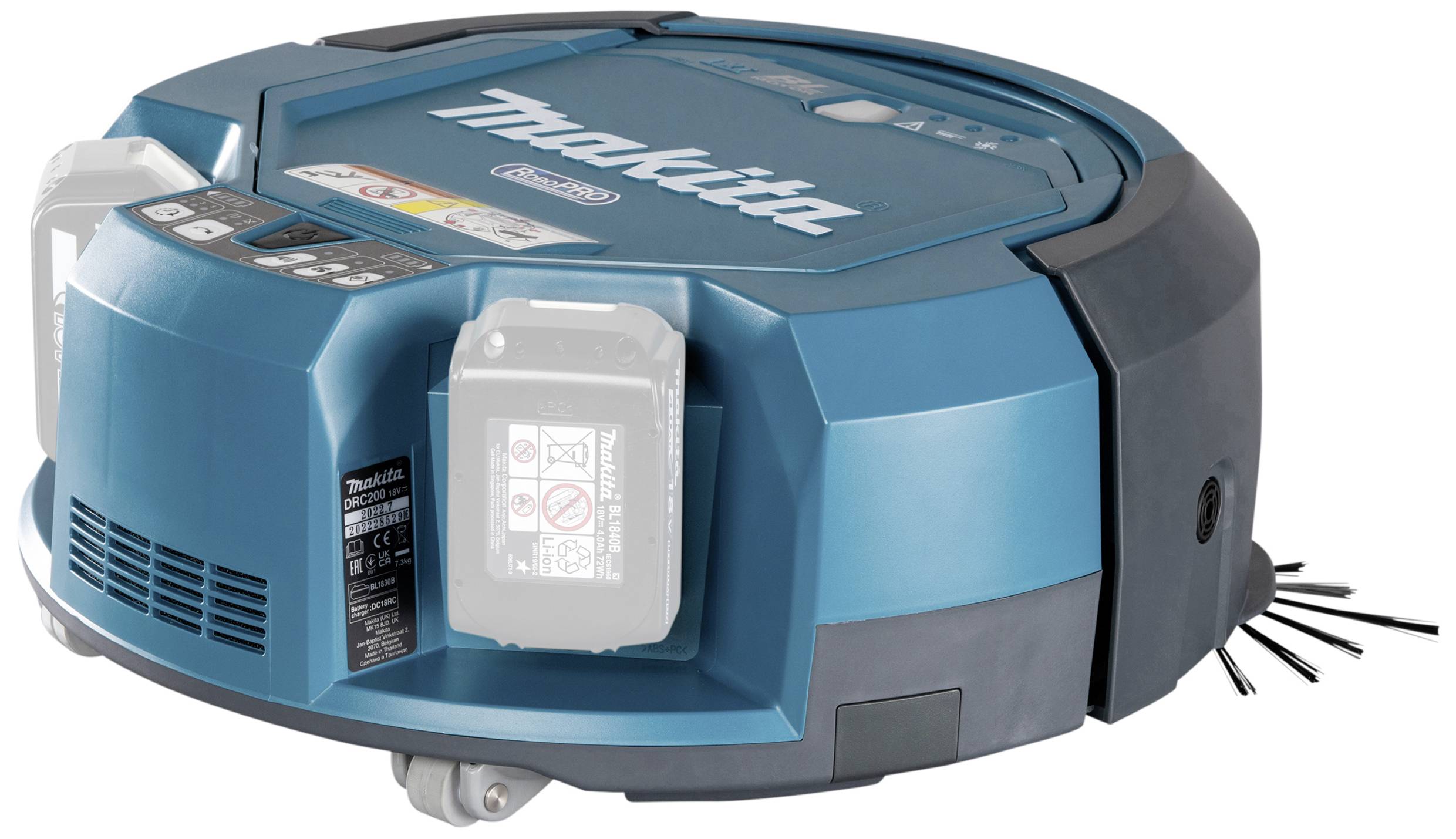 Un aspirateur robot bleu portant l'inscription « Makita » sur sa partie supérieure. Il est équipé de brosses latérales et monté sur des roues.