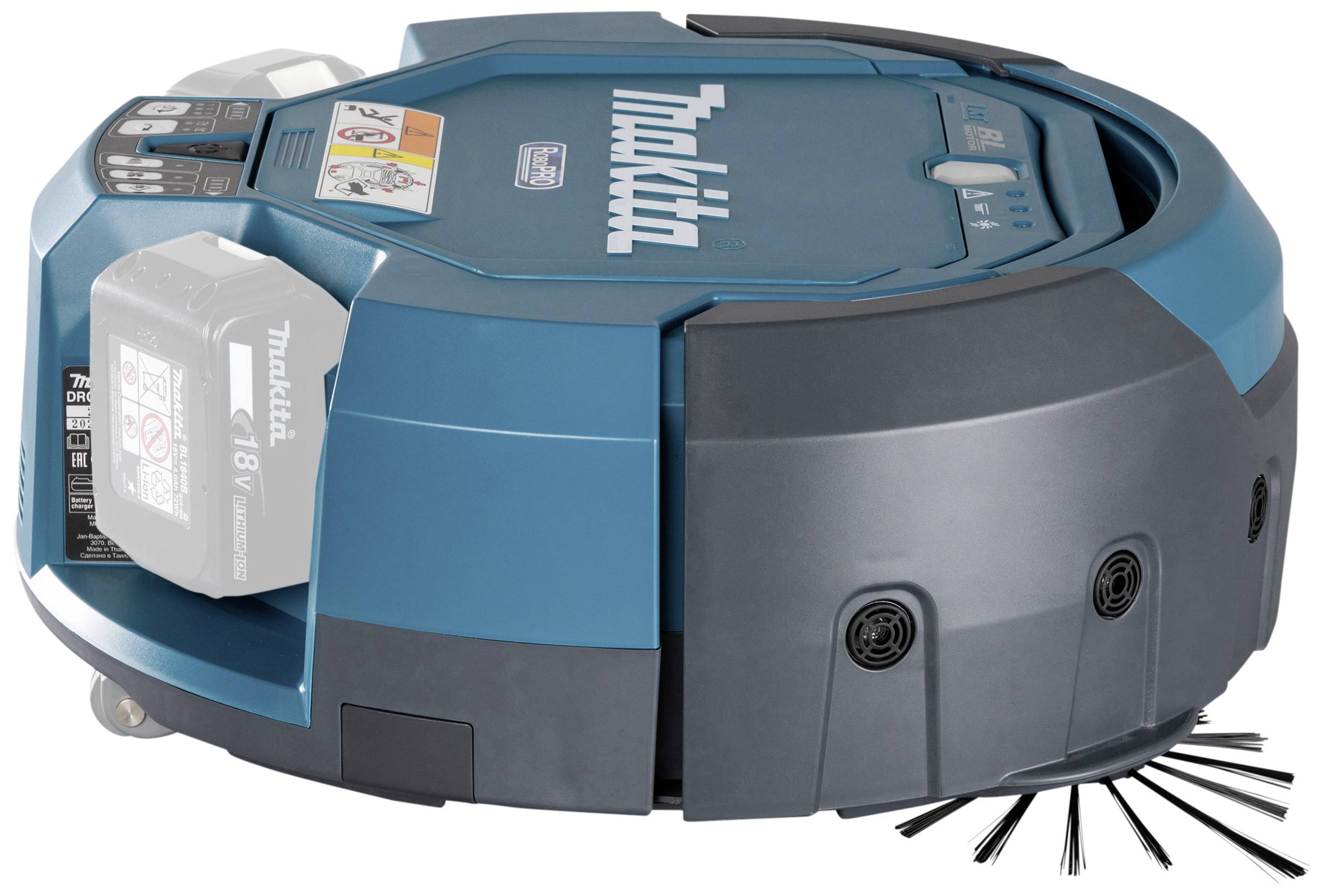Robot aspirateur automatique bleu et noir, avec brosse sur la face inférieure et batterie sur le côté ; produit de Makita.