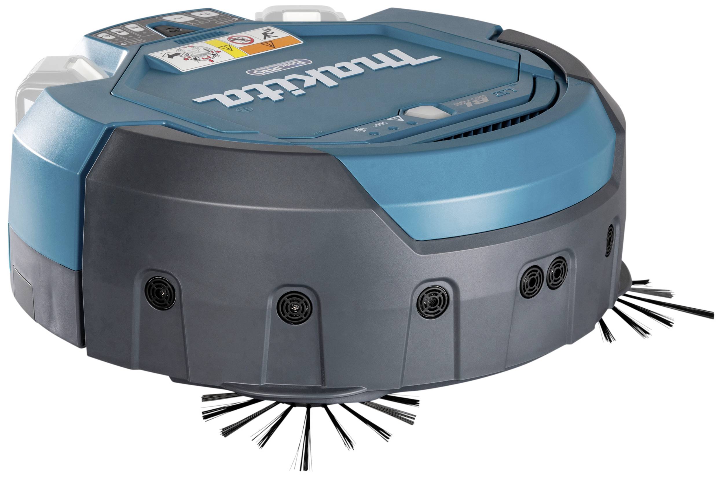Un aspirateur robot bleu, circulaire, doté de plusieurs brosses sur sa face inférieure, avec une inscription de marque visible.