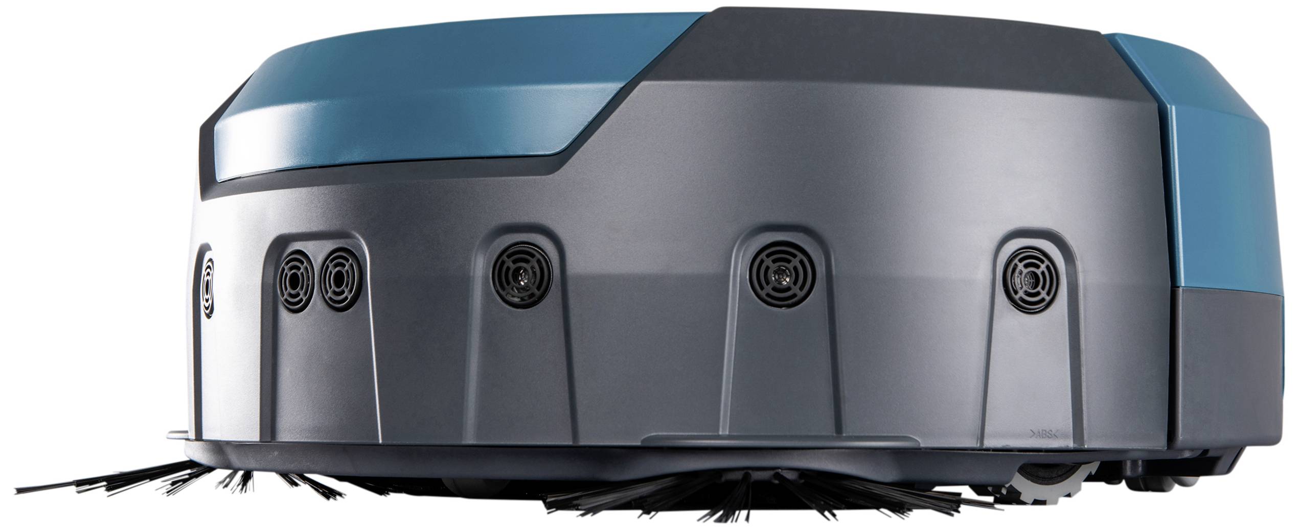 Un robot aspirateur moderne avec un boîtier de couleur bleue et grise, équipé de brosses latérales et de capteurs pour un nettoyage autonome.