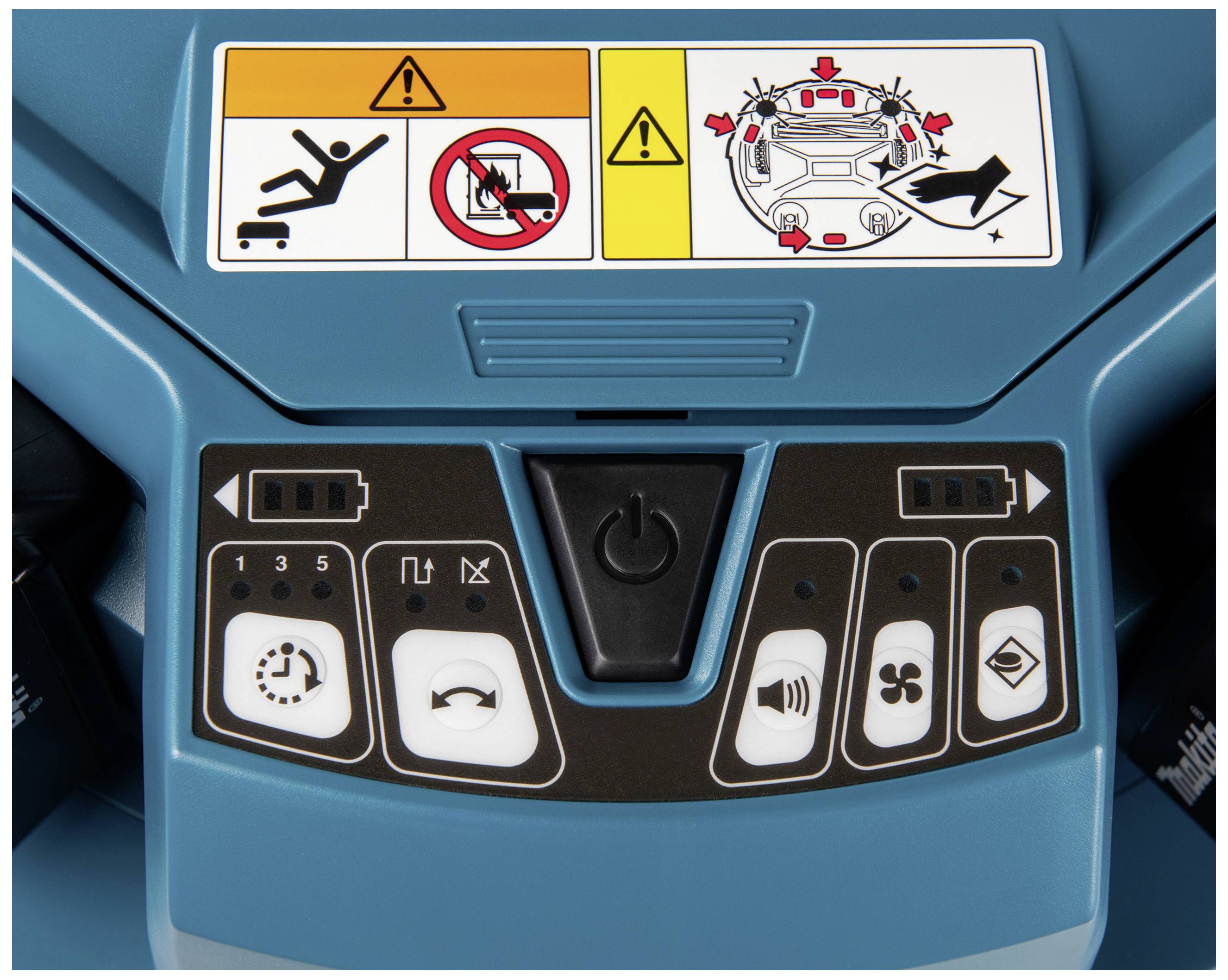 Avertissements sur une machine : 'Attention risque de chute', 'Enfants interdits', 'Attention' et 'Danger de pièces rotatives'. Panneau de commande avec touches et symboles.