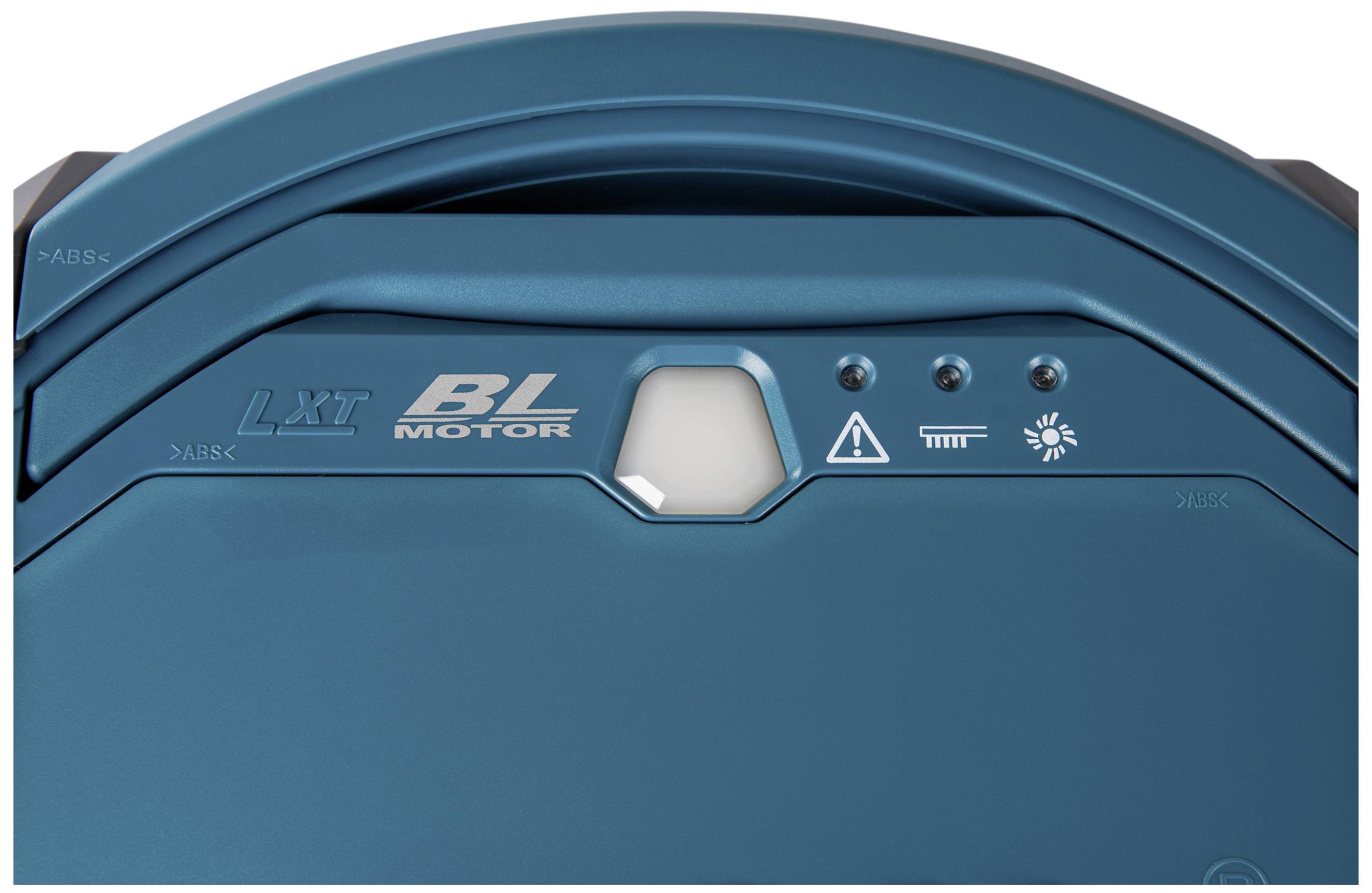 Une image détaillée d'un boîtier bleu portant l'inscription 'LXT BL Motor', avec des symboles d'avertissement et de lumière.