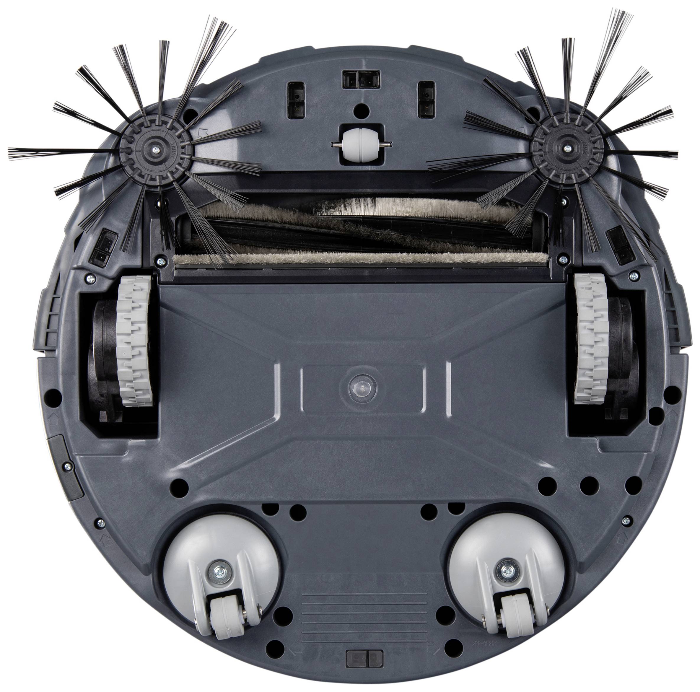 Dessous d'un robot aspirateur équipé de deux brosses rotatives, deux grandes roues et des capteurs. Adapté pour des tâches de nettoyage.