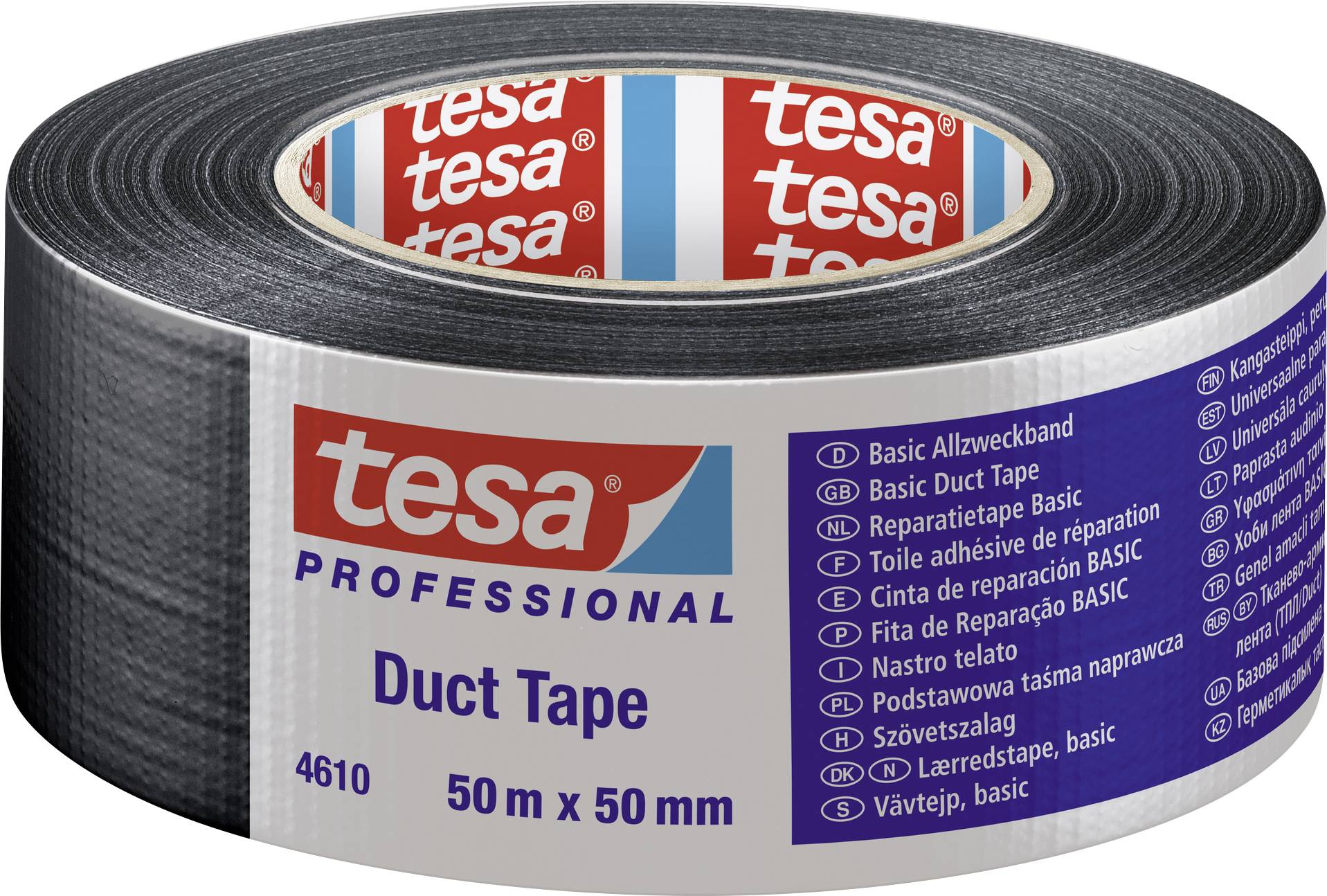 Ruban adhésif noir de la marque 'tesa', 50 m x 50 mm, pour réparations et travaux manuels, sur un rouleau avec étiquette de produit.