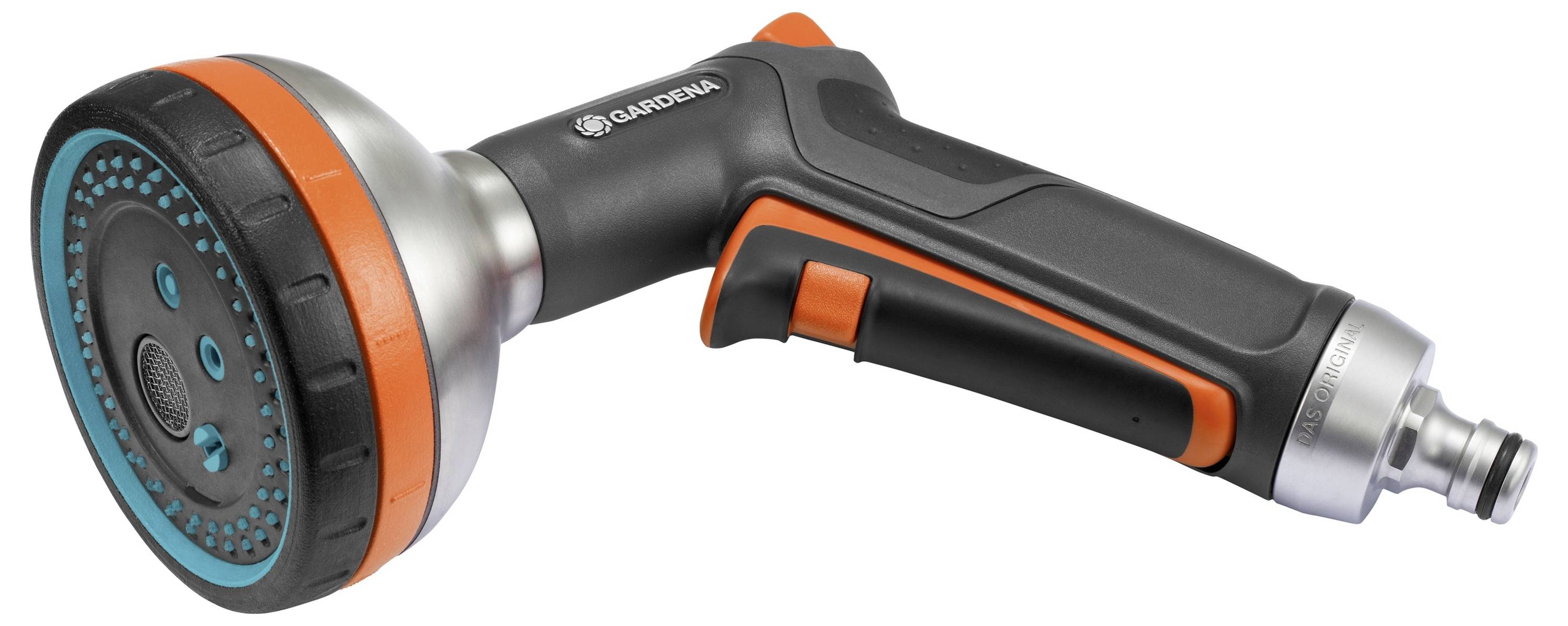 Douche de jardin à poignée ergonomique, design noir et orange, avec plusieurs options de jets pour l'arrosage.