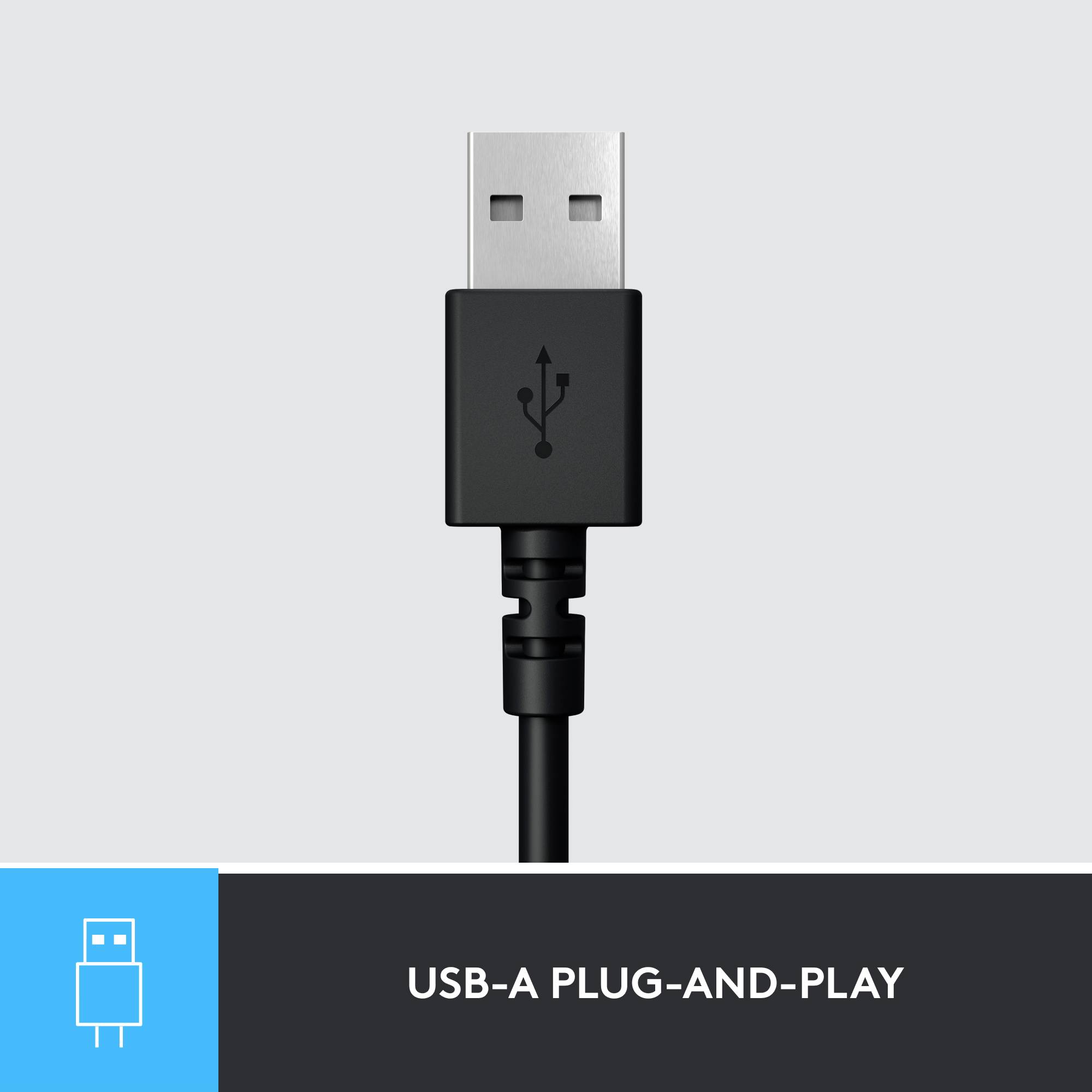 Câble USB-A noir avec connecteur en haut, symbole USB blanc sur la fiche. Fond gris. Texte : « Connecteur USB-A »