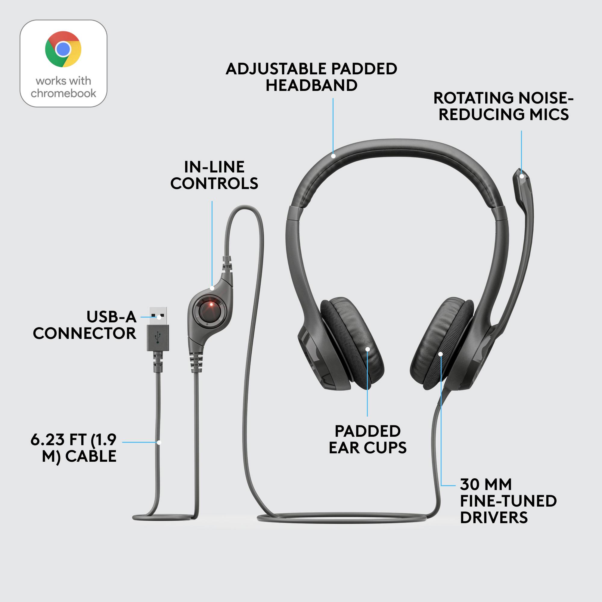 Casque noir avec des écouteurs rembourrés et un arceau réglable. Commandes intégrées sur le câble, microphone avec réduction de bruit.