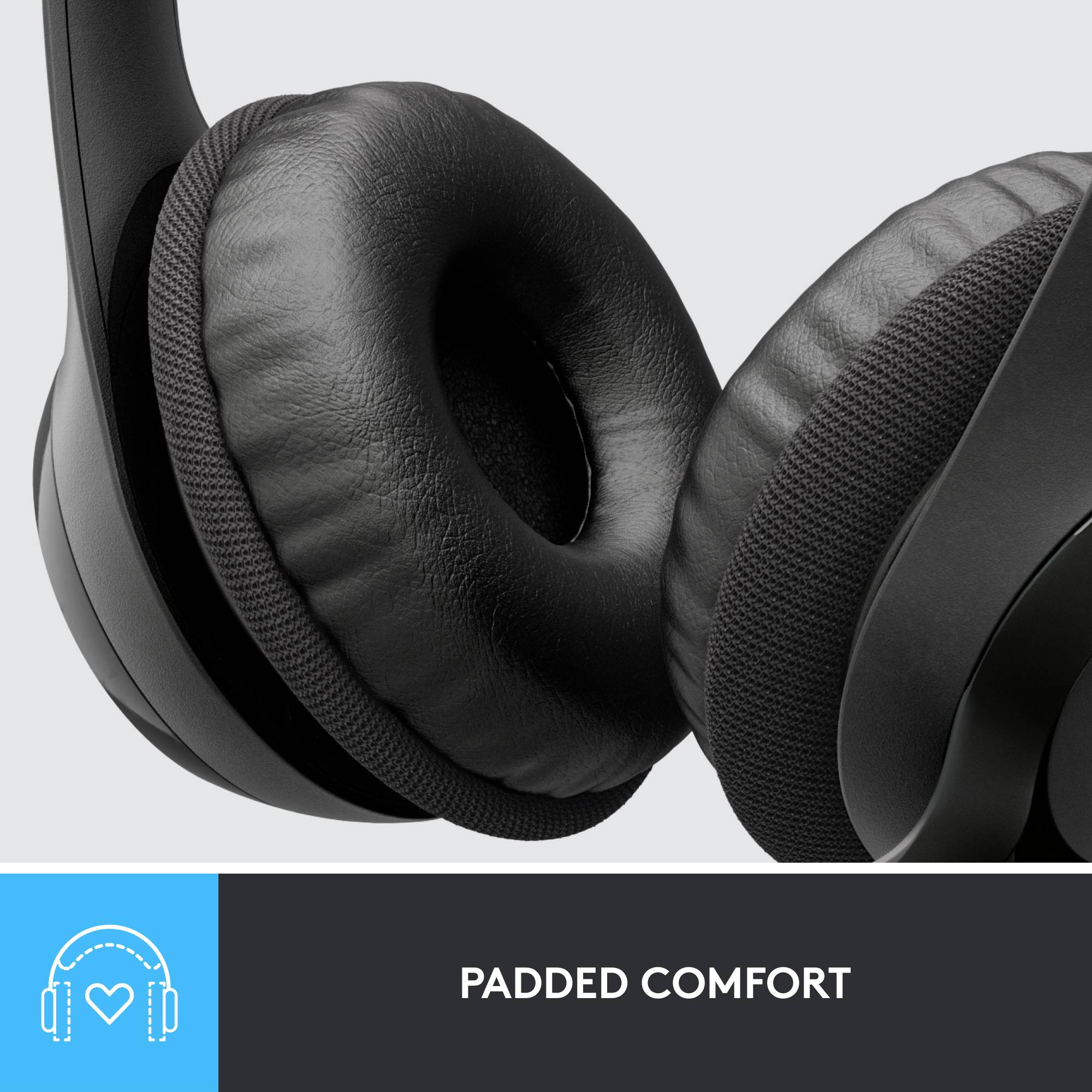Casque audio avec des écouteurs doux et rembourrés pour un confort optimal, avec le texte 'Rembourré et confortable' en dessous.