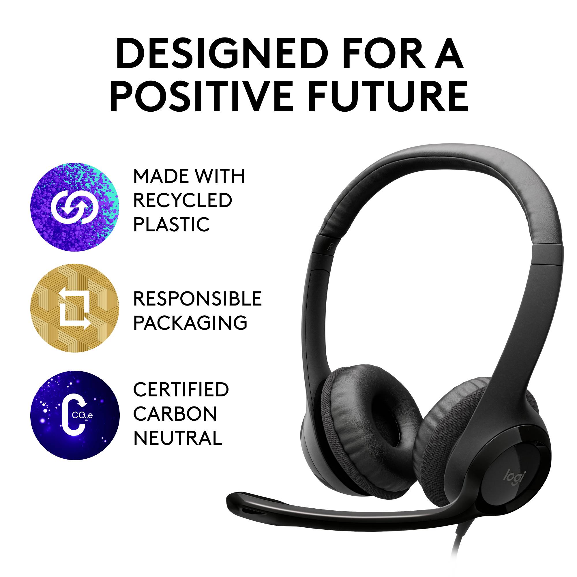 Casque avec microphone et trois symboles avec texte : 'Certifié neutre en CO2', 'Fabriqué avec du plastique recyclé', 'Emballage écologique'.