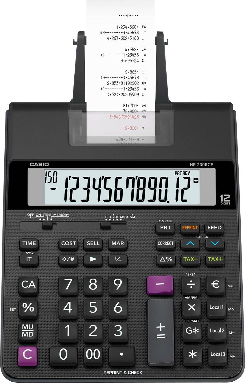 Une calculatrice de bureau avec rouleau en papier affiche une opération de calcul et le résultat. L'écran affiche '150' et '1234567890,12'.
