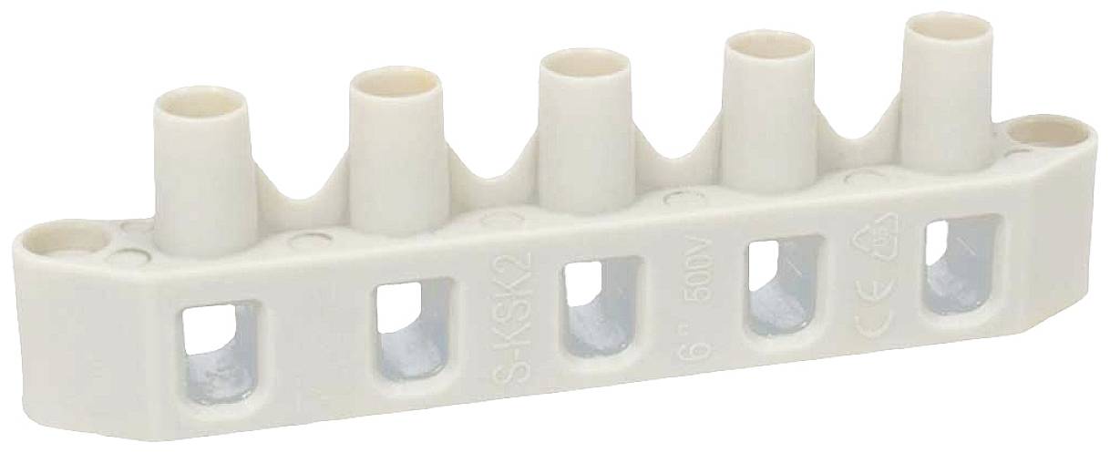 Un connecteur de câble en plastique blanc à six pôles avec des étiquettes sur le dessus, utilisé pour le câblage électrique.