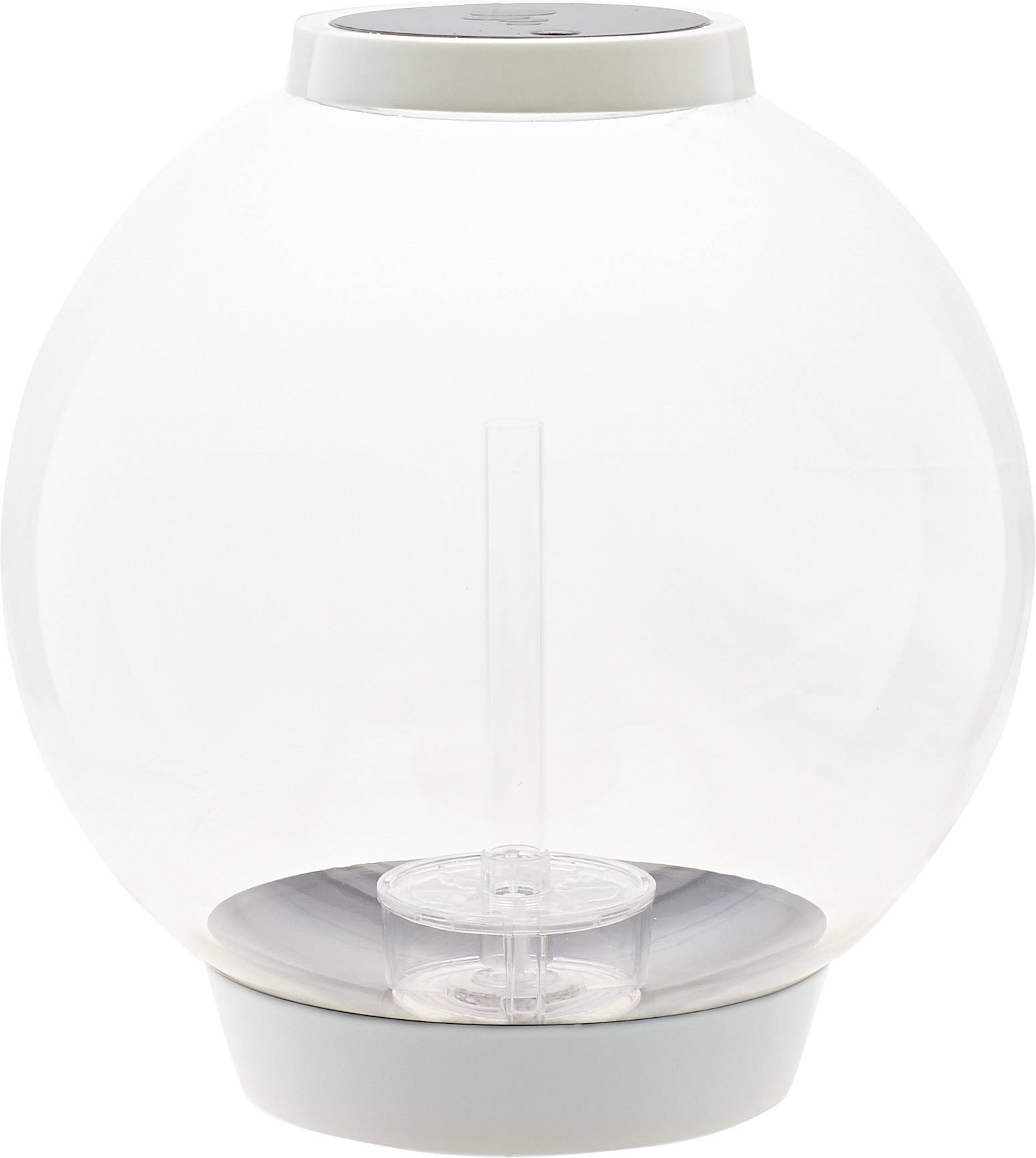 Un dispositif électronique rond et transparent, avec une base blanche, ressemblant à un humidificateur ou à un diffuseur.