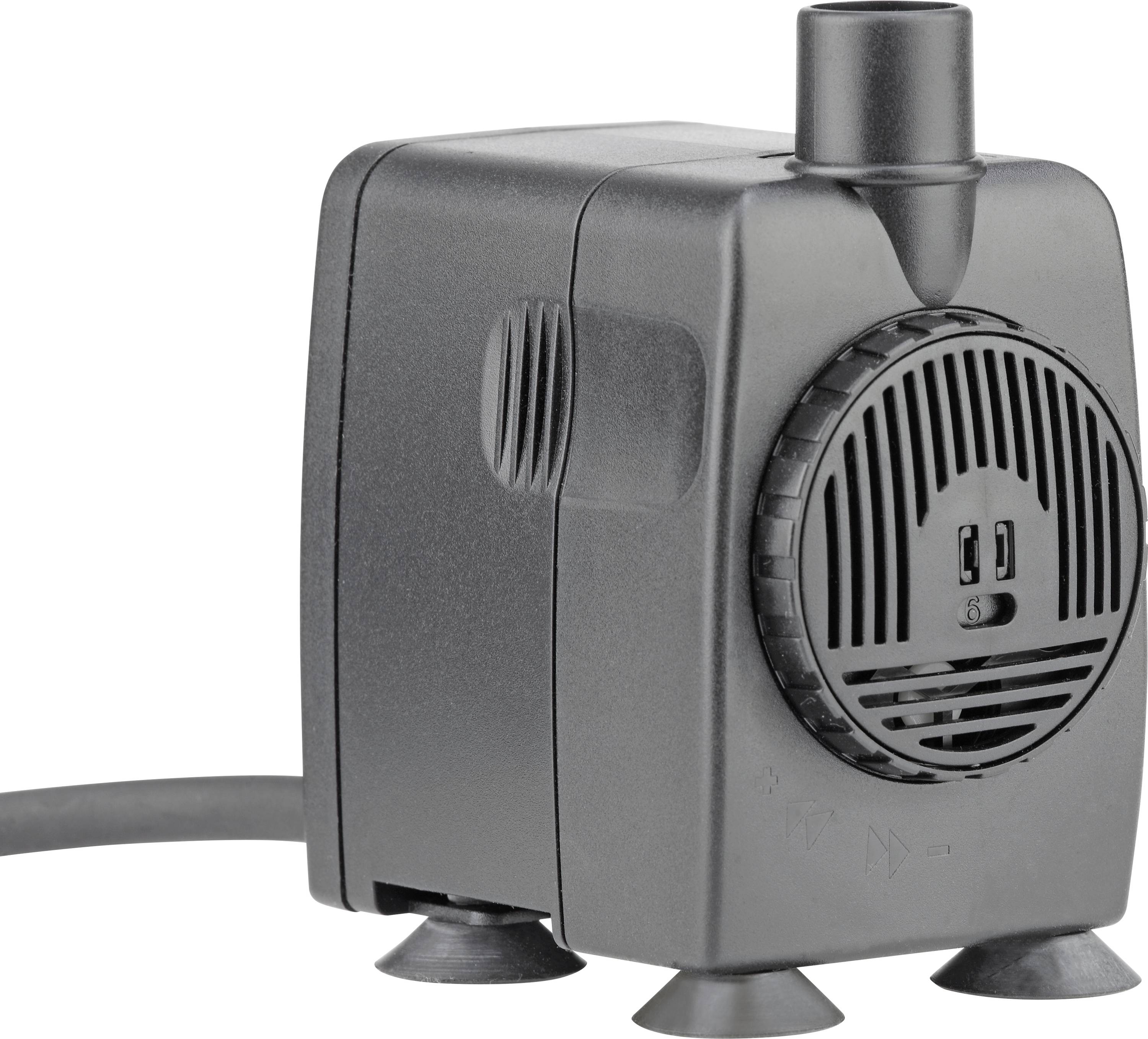 Une petite pompe à eau électrique noire, équipée d'un cordon d'alimentation et de ventouses à sa base, conçue pour une utilisation dans les aquariums ou les fontaines.