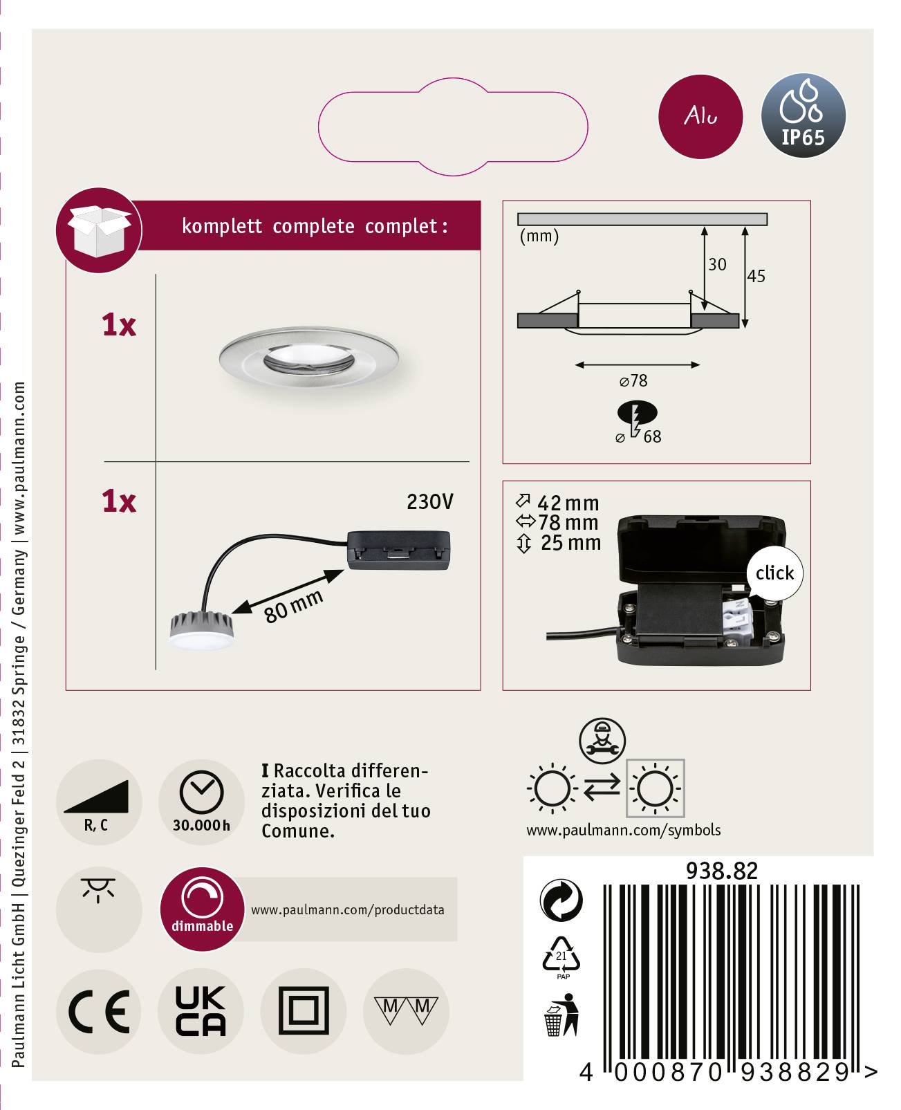 Spot LED encastrable pour salle de bains Paulmann 93882 N/A 6 W Coin Slim fer (brossé)