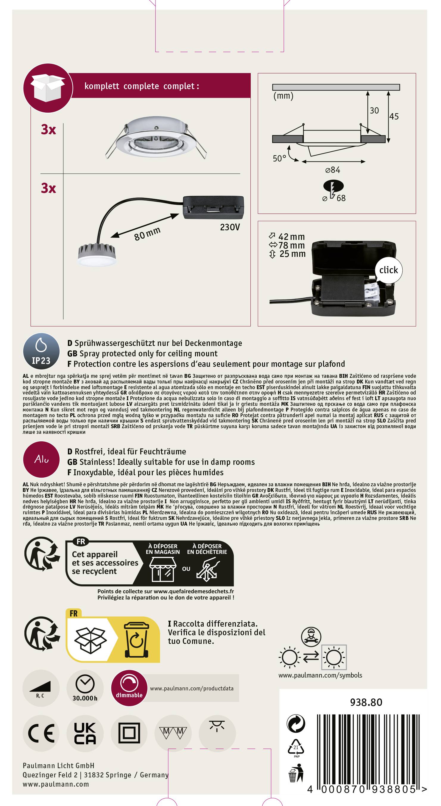 Luminaire à LED encastrable LED intégrée Paulmann Coin Slim 93880 N/A 6 W chrome jeu de 3