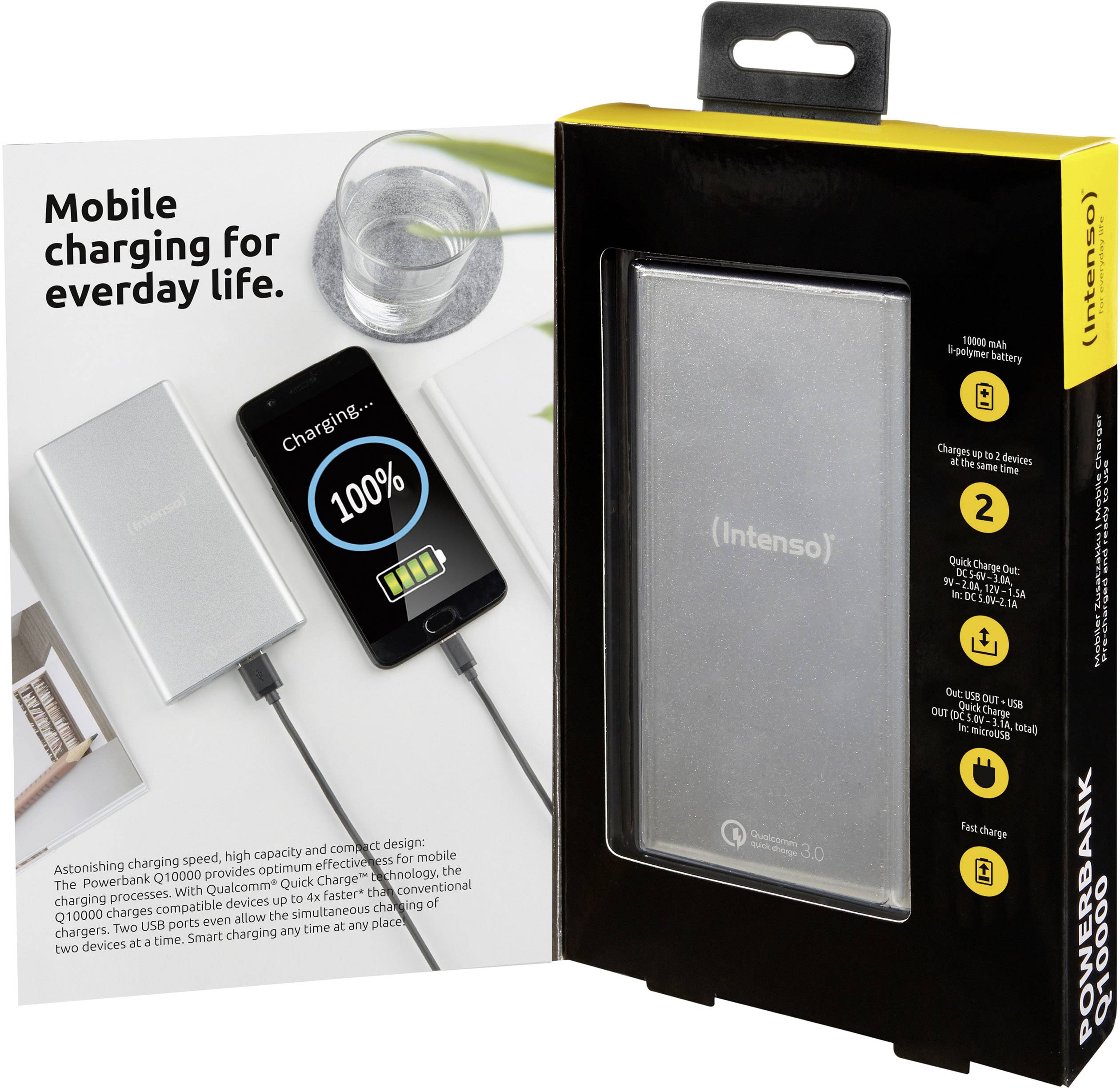 Intenso Q10000 Powerbank (batterie supplémentaire) 10000 mAh Quick Charge LiPo USB-A, Micro USB argent Affichage du statut