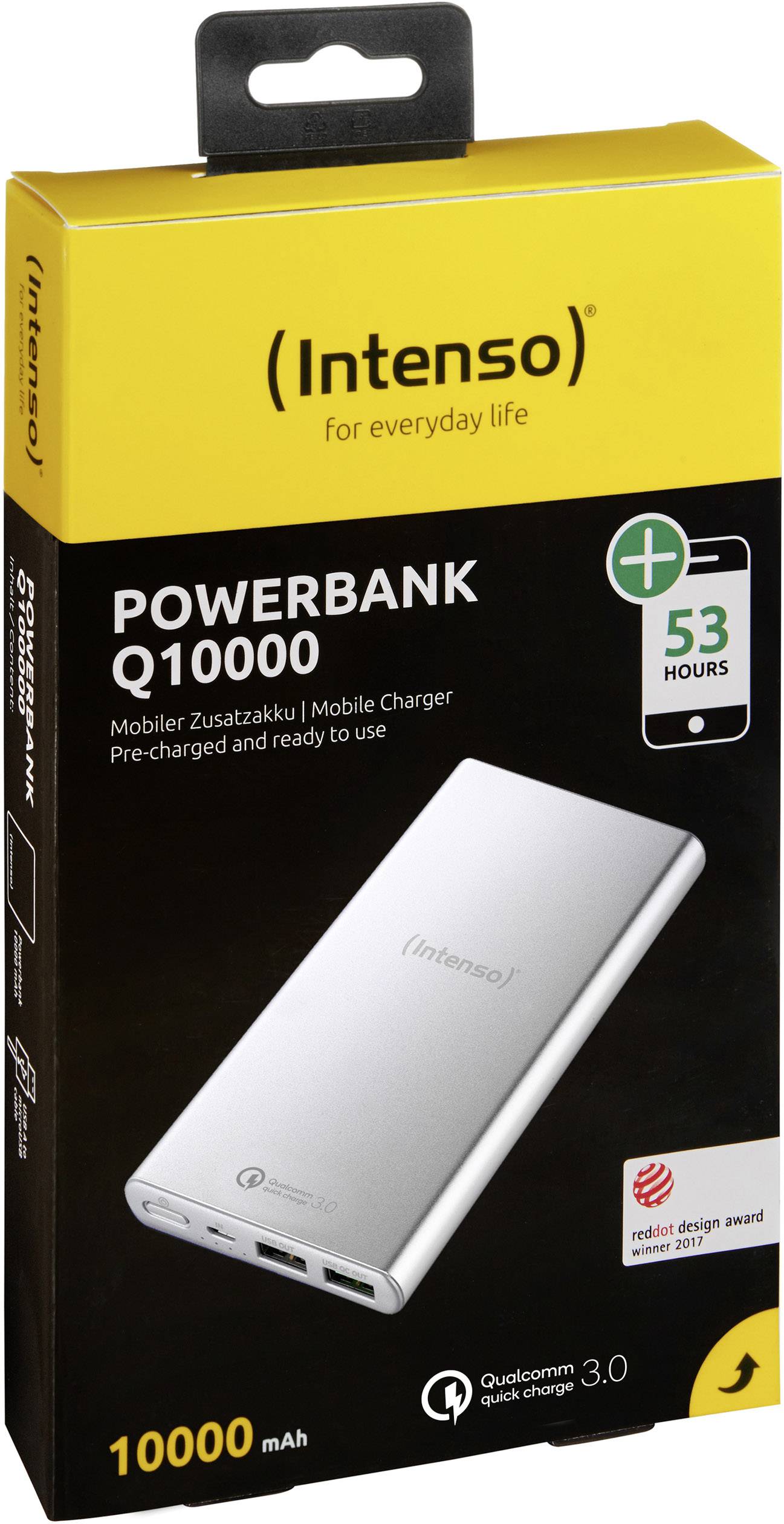 Intenso Q10000 Powerbank (batterie supplémentaire) 10000 mAh Quick Charge LiPo USB-A, Micro USB argent Affichage du statut