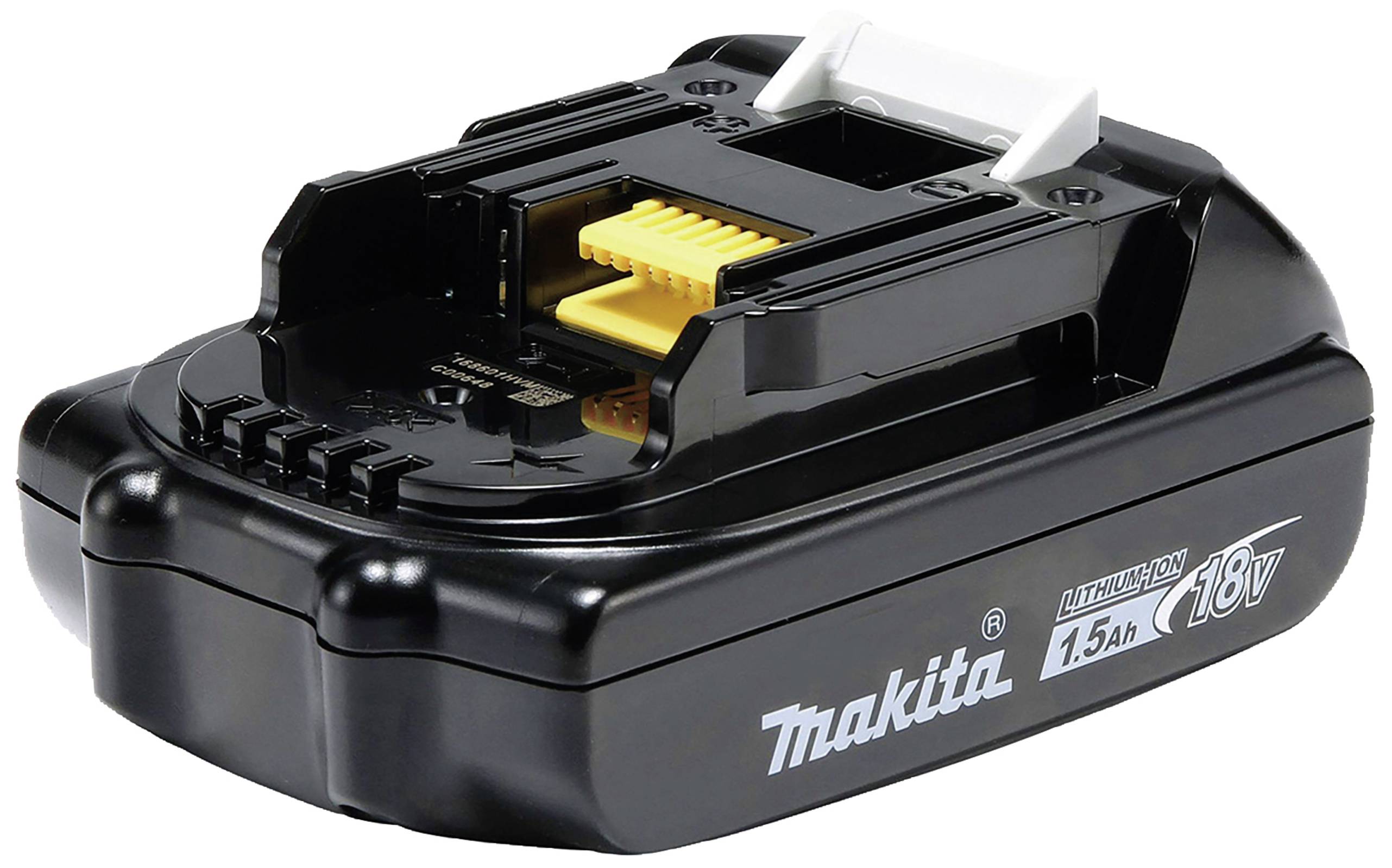 Batterie Makita 18V Lithium-Ion avec capacité de 1,5 Ah, boîtier noir, connecteur jaune, adaptée aux outils électriques sans fil.