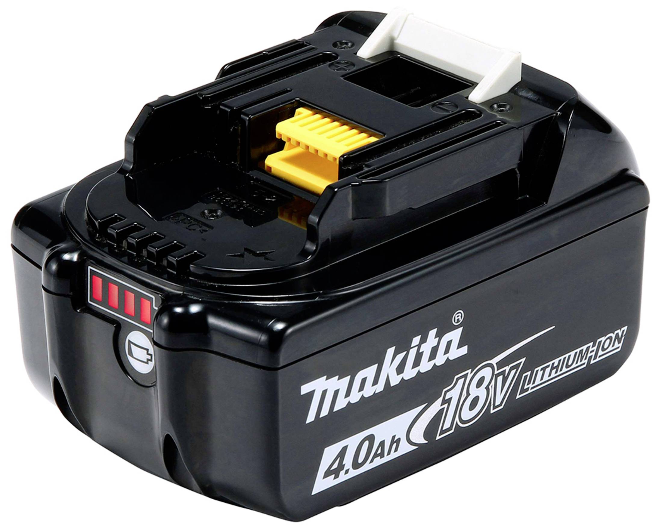 Un accumulateur noir Lithium-Ion 18V avec une connexion jaune et un indicateur de charge rouge, portant l'inscription 'Makita 4.0Ah'.