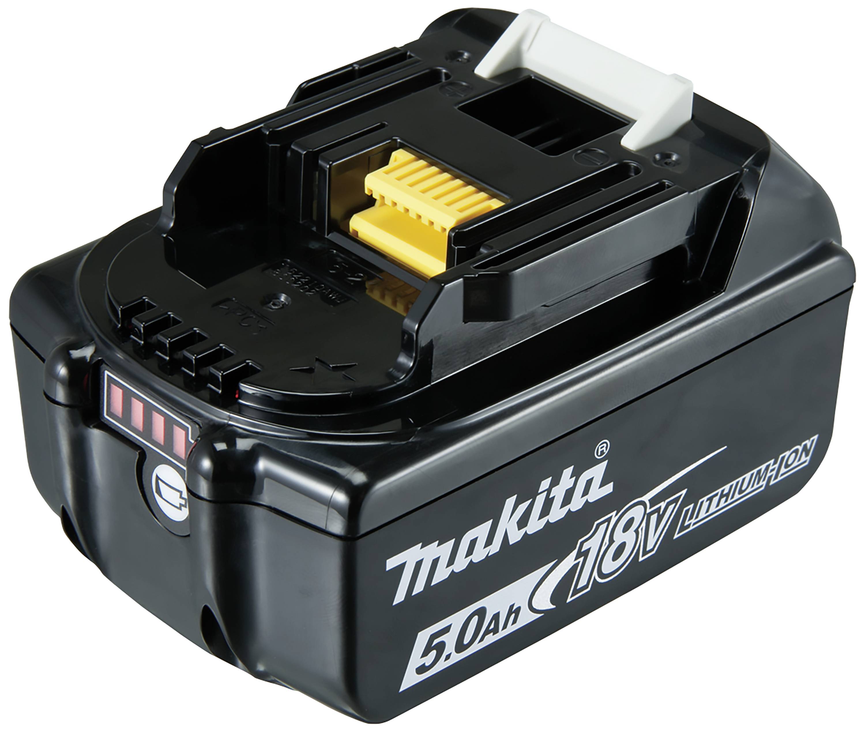 'Makita Batterie, 18V, Li-Ion, 5,0Ah' est imprimé sur une batterie. La batterie a un boîtier noir et des bornes jaunes.
