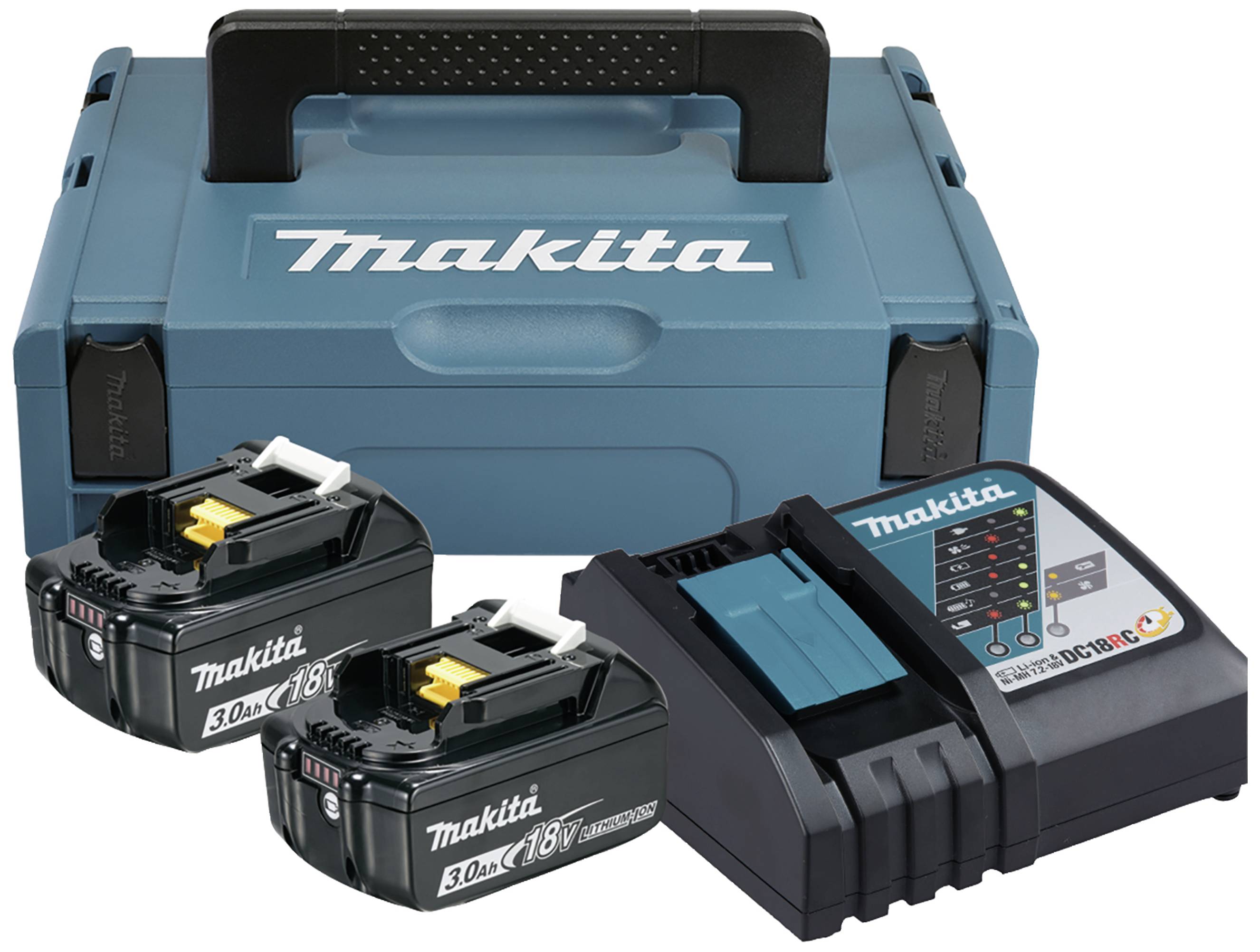 Coffret à outils bleu avec deux batteries 18V et un chargeur, tous portant le logo 'Makita'. Idéal pour les outils électriques.