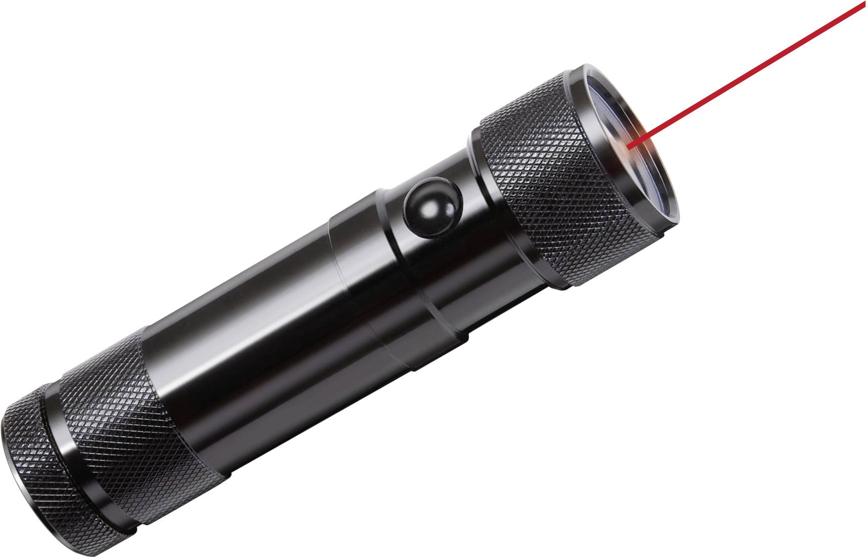 Pointeur laser portatif noir projetant un faisceau rouge sur un fond blanc.